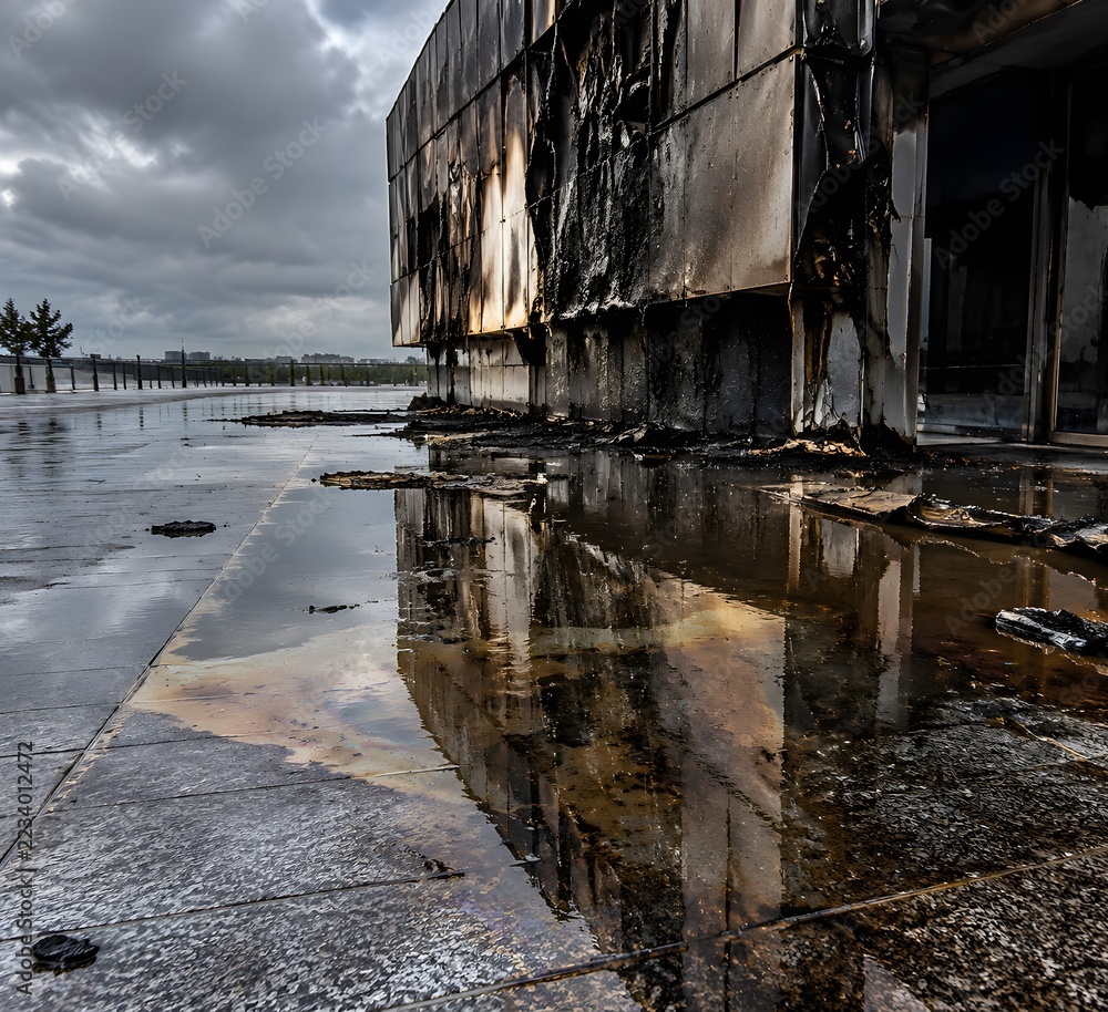 Reflective puddle of murky firefighting runoff surrounding burnt ...