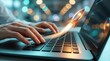© CuteBee - Business professional launching digital project with rocket icon on laptop keyboard in modern office workspace at night with bokeh lights background for startup growth and innovation concept