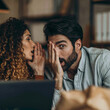 © S-DESIGN - A woman is whispering a secret to a man, his eyes wide with surprise. The intimate moment captures a hushed conversation, a shared confidence, or perhaps surprising news