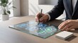 © Yan - Businessman using stylus pen to interact with transparent glass touch table displaying flowchart icons and business process diagrams in minimalist corporate meeting room...