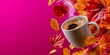 © Anastasiya - A steaming cup of coffee surrounded by vibrant autumn leaves against a bold magenta background, evoking warmth and seasonal comfort.