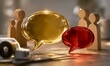 © joeycheung - Golden and red speech bubbles surrounded by wooden figures on a desk.