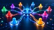 © ara junu ju - Global digital networking concept featuring colorful 3D people icons connected to a central glowing wireless Wi-Fi router via luminous fiber optic cables on a dark futuristic background.