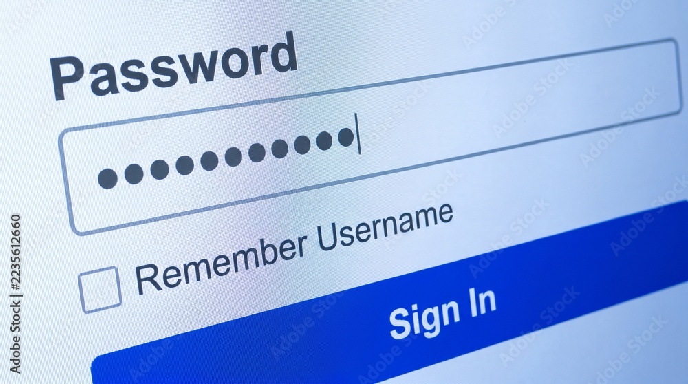 Digital login screen interface with masked password input field with ...