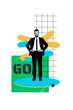 © deagreez - Exclusive image vertical collage of happy businessman stand colorful arrow pointer go development success aim achievement