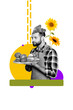 © deagreez - Vertical art trend collage of happy baker man hold plate bakery croissant bread loaf hobby sunflower flower bloom food cooking