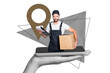© deagreez - Art 3d sketch photo image collage of happy man hold box clipboard shipment service peek phone device geolocation icon postal worker