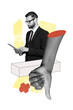 © deagreez - Composite 3D collage artwork template design of young man hold tablet type hand gesture thumb down dislike office human resources manager