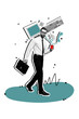 © deagreez - Vertical photo collage of serious businessman step carry takeaway coffee cup briefcase computer tool office isolated on painted background