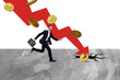 © deagreez - Composite photo collage of serious man run briefcase arrow fall hole break dollar coin inflation failure isolated on painted background