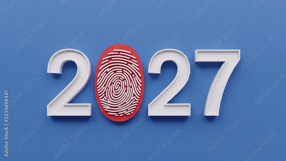2027 year biometric security concept, red fingerprint identity scan ...