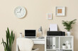 © Pixel-Shot - Remote work and home office organization, modern workspace with laptop and printer for freelance productivity and professional business environment