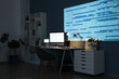 © Pixel-Shot - Software development and coding project, programmer workspace with computer and code projection in a dark home office at night