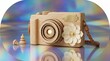 © rofka - Creative Wooden Camera Toy with Paper Flower Detail on Iridescent Backdrop Scene wooden camera camera paper flower iridescent background creative handcrafted toy photography concept craft decorative