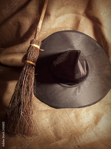 witch broom and hat