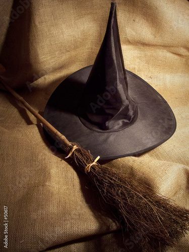 witch broom and hat