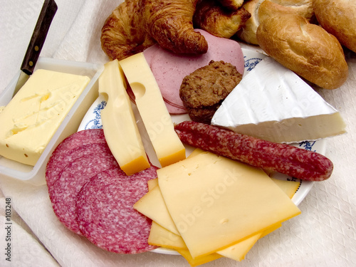 breakfast, fresh bread, cheese and meat. photo