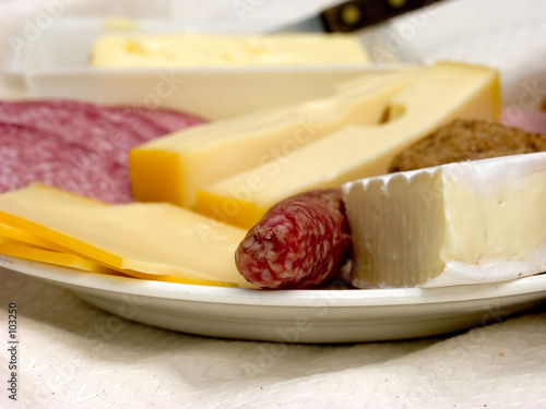 breakfast, fresh bread, cheese and meat. photo