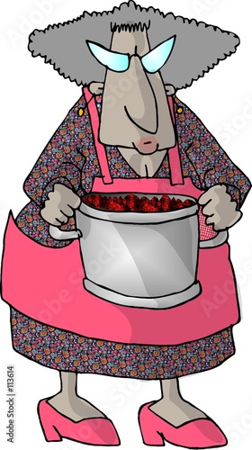 old woman with a pot of food
