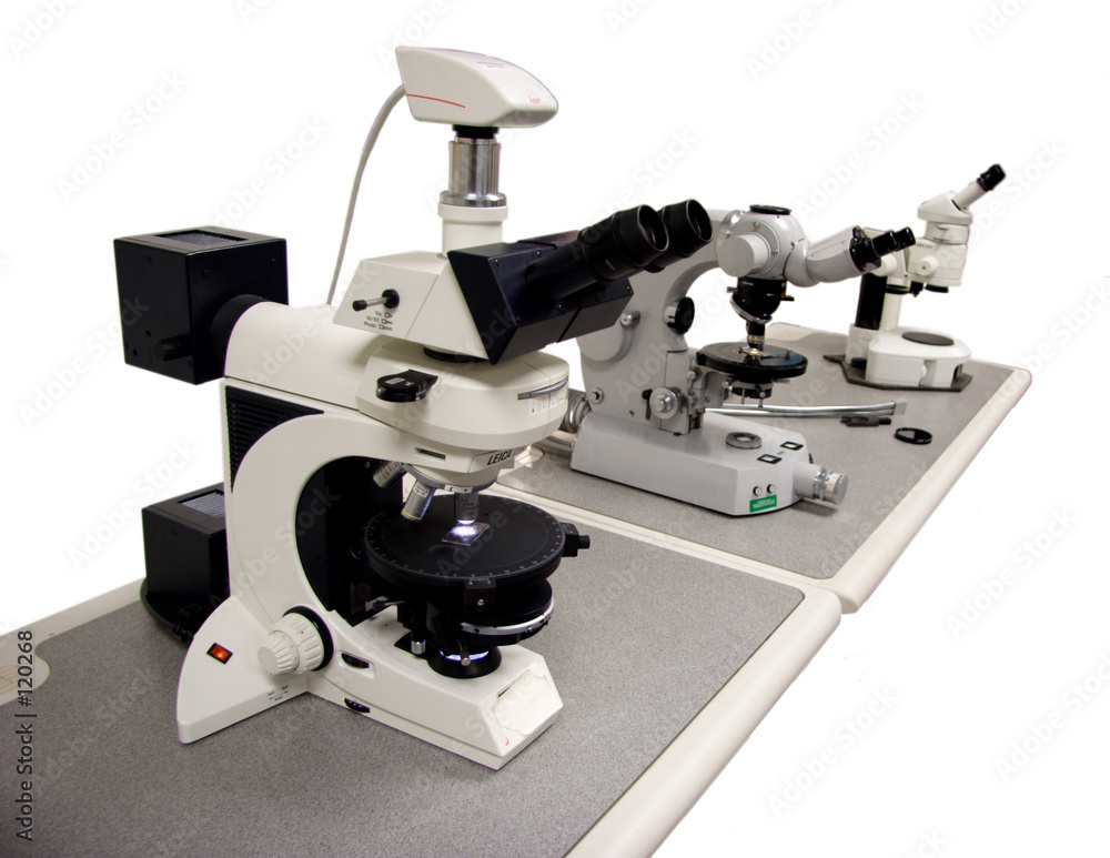 Photography three microscopes on a desk