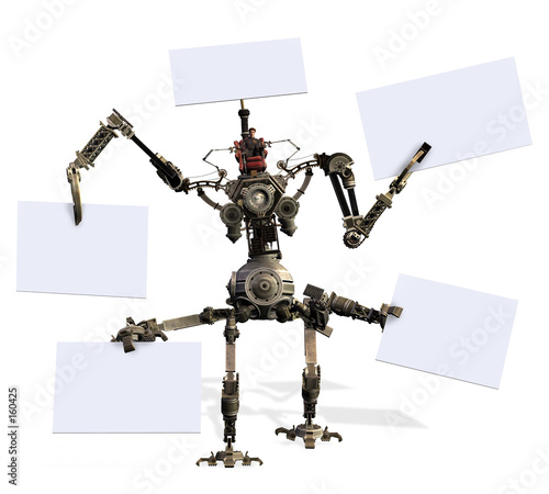 giant robot holding blank signs