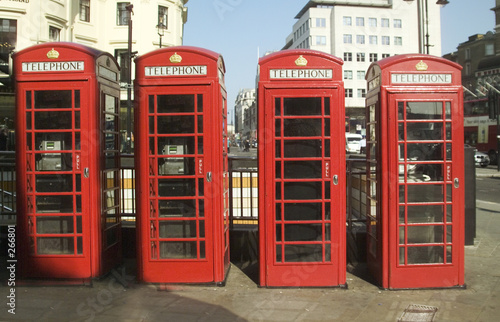 four red telephone boxes