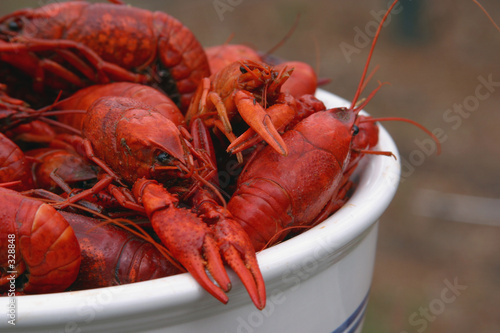 bowl of boiled crawfish from side.