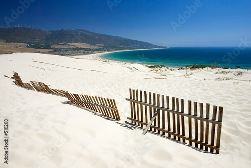 old fence sticking out of deserted sandy beach dunes