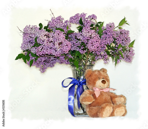 lilacs and teddy bear