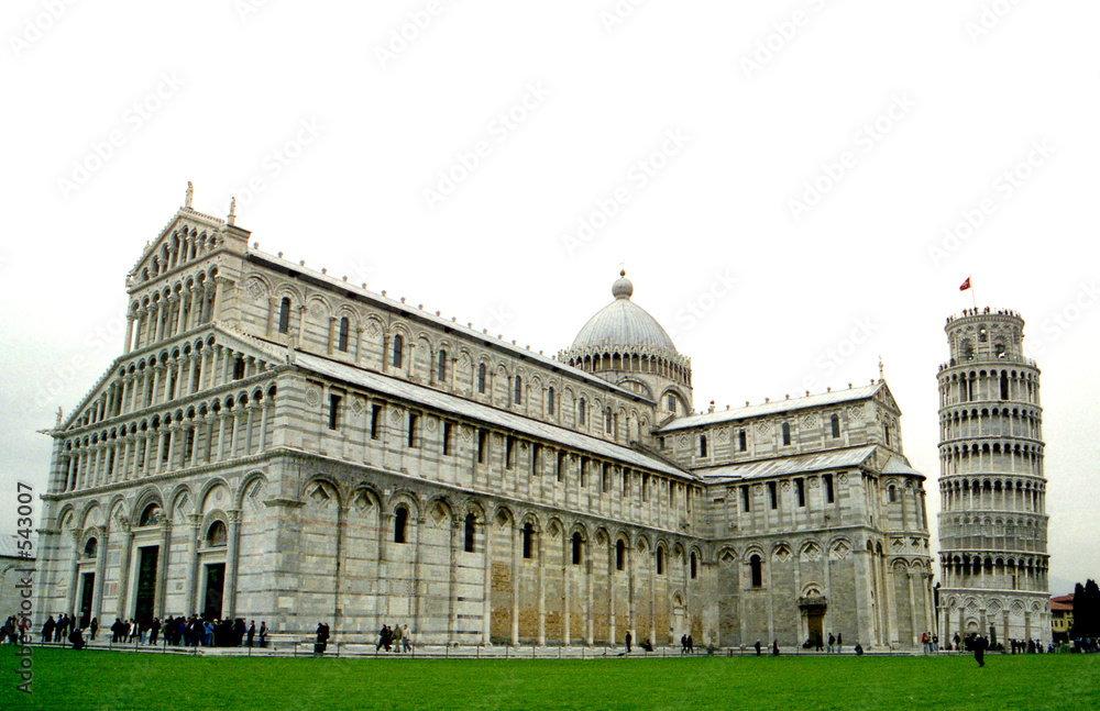 leaning tower of pisa and cathedral with blue sky