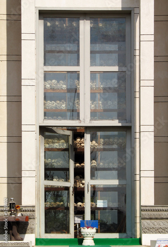 skulls fill the memorial stupa at choeung ek, camb