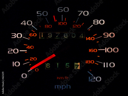 glowing car spedometer in darkness