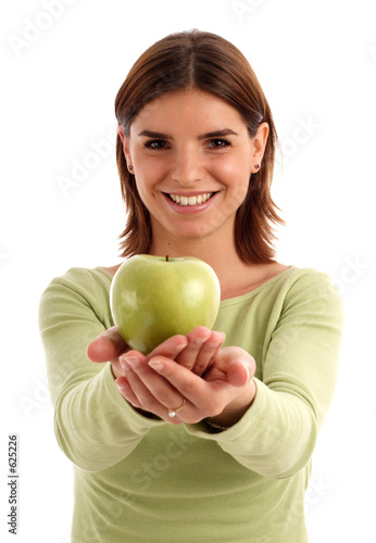 stock photo of a young woman holding green apple