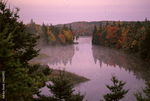 misty fall sunrise