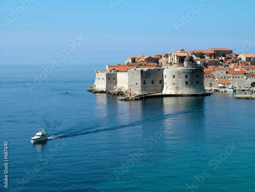 dubrovnik sea walls and boat seen from hotel