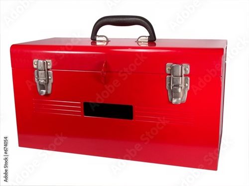Big Red Closed Metal Portable Tool Box with a Lock, two Latches and a Label - Handle up (close-up, isolated on white background)