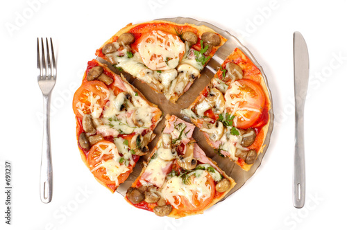 pizza with mushrooms and ham isolated