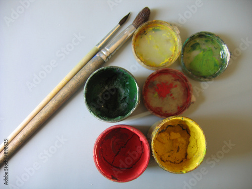 the paintbrush and paints.