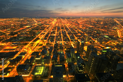 night time aerial view of chicago