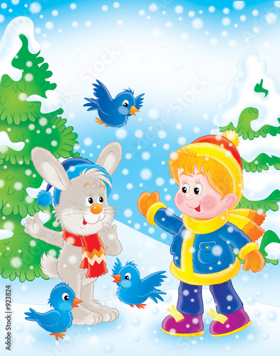 boy, rabbit and birds in ne...