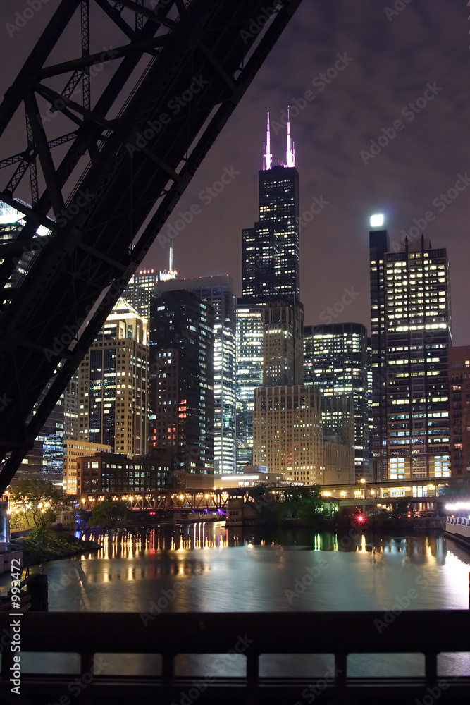  chicago city night view - from a bridge over the chicago river