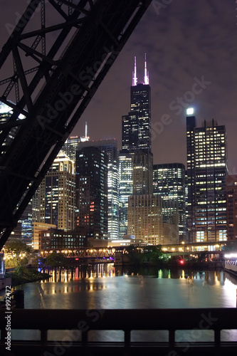  chicago city night view - from a bridge over the chicago river