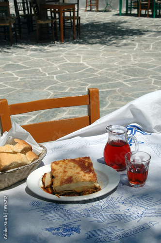 greek taverna meal with wine