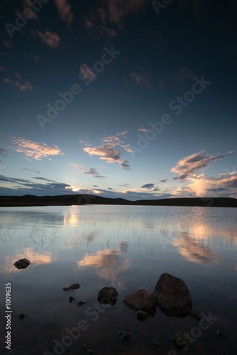 sunset reflected in remote loch in scotland