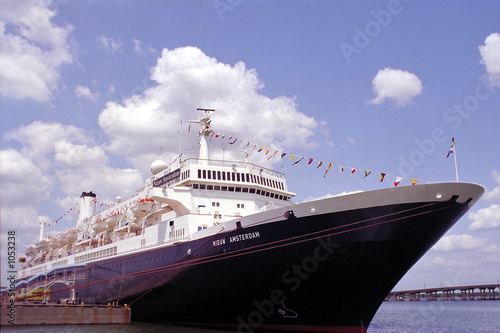 vintage cruise ship / ocean liner docked at port