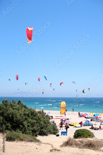 tarifa beach in spain packed with kitesurfers