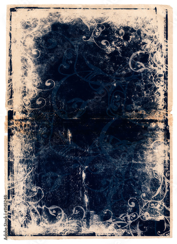 grunge blue book page with scrolls