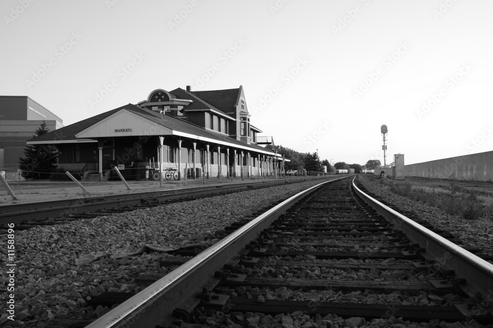 grayscale train depot