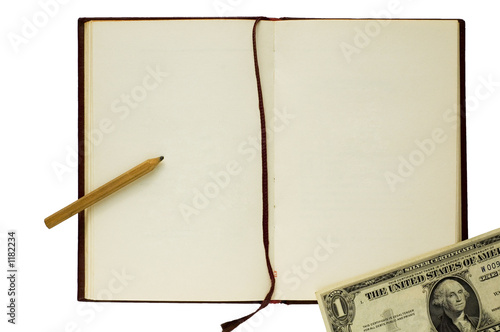 old blank book with pencil and dollar
