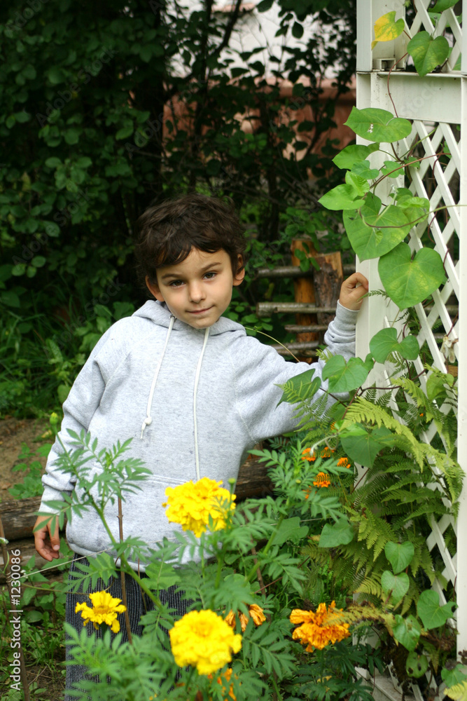 the boy in a garden. the boy in a garden.
